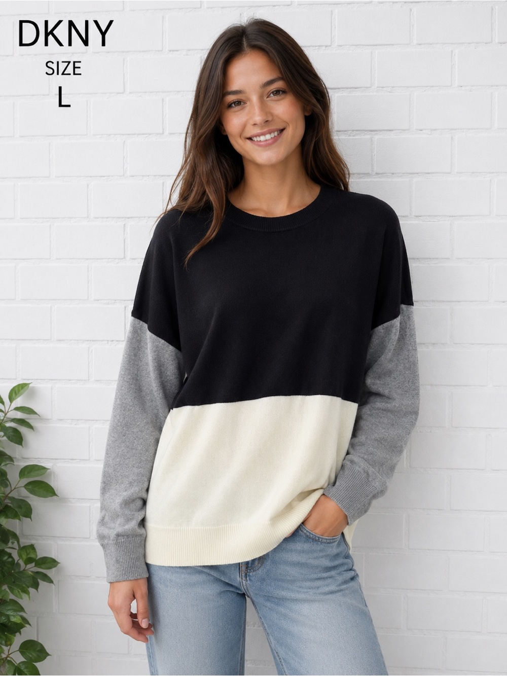 DKNY Color Block Sweater - Black, Gray, and Cream/cozy cottage core comfort/L
